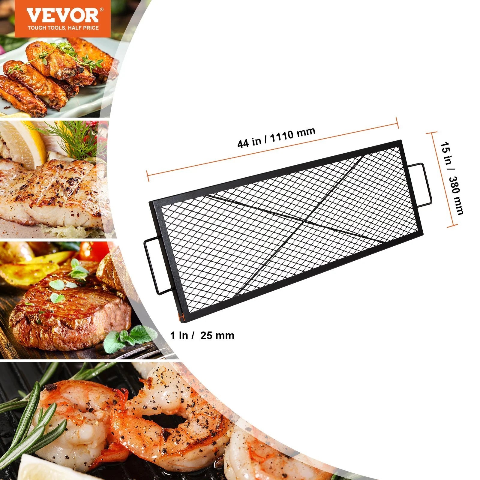 44 Inch Black Rectangle Cooking Grate, Heavy Duty Steel Campfire Bbq Grill Grid