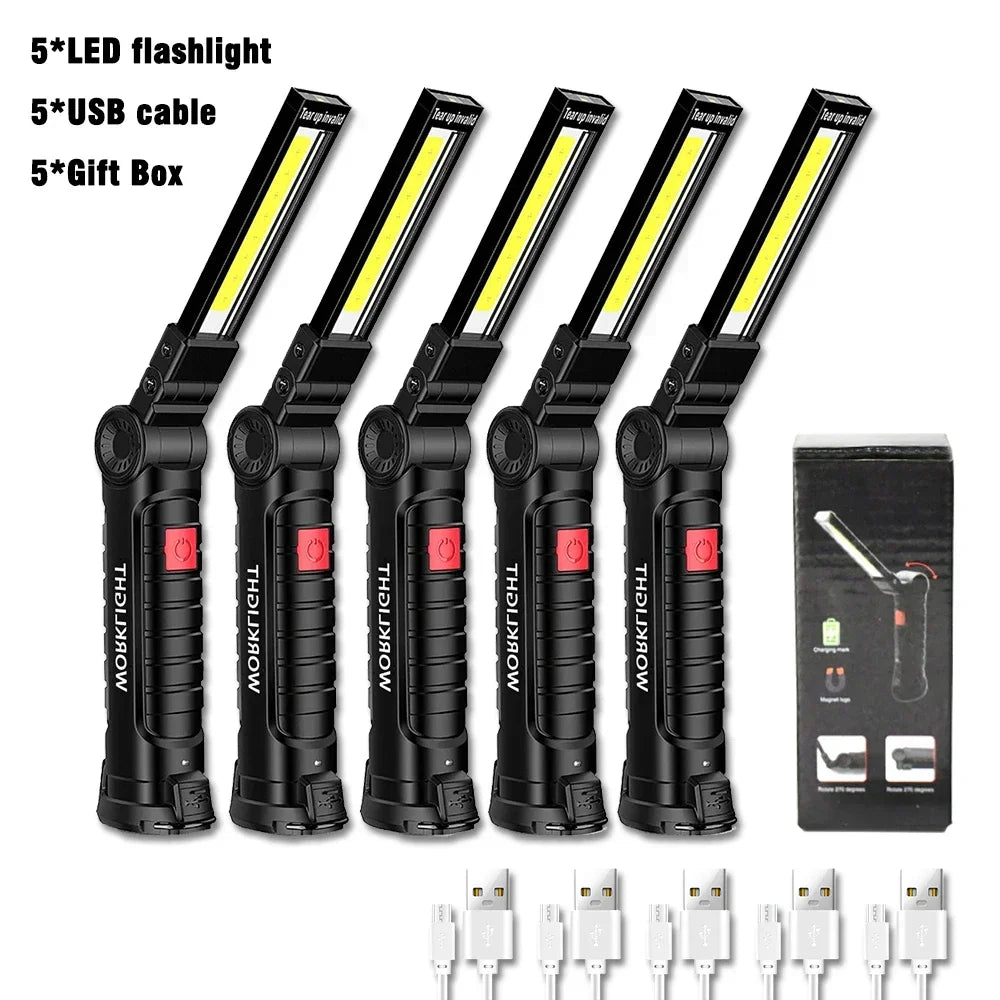 COB LED Folding Flashlight Portable Magnetic Work Light Lantern USB Rechargeable Emergency Repair Camping Torch Lamp with Hook