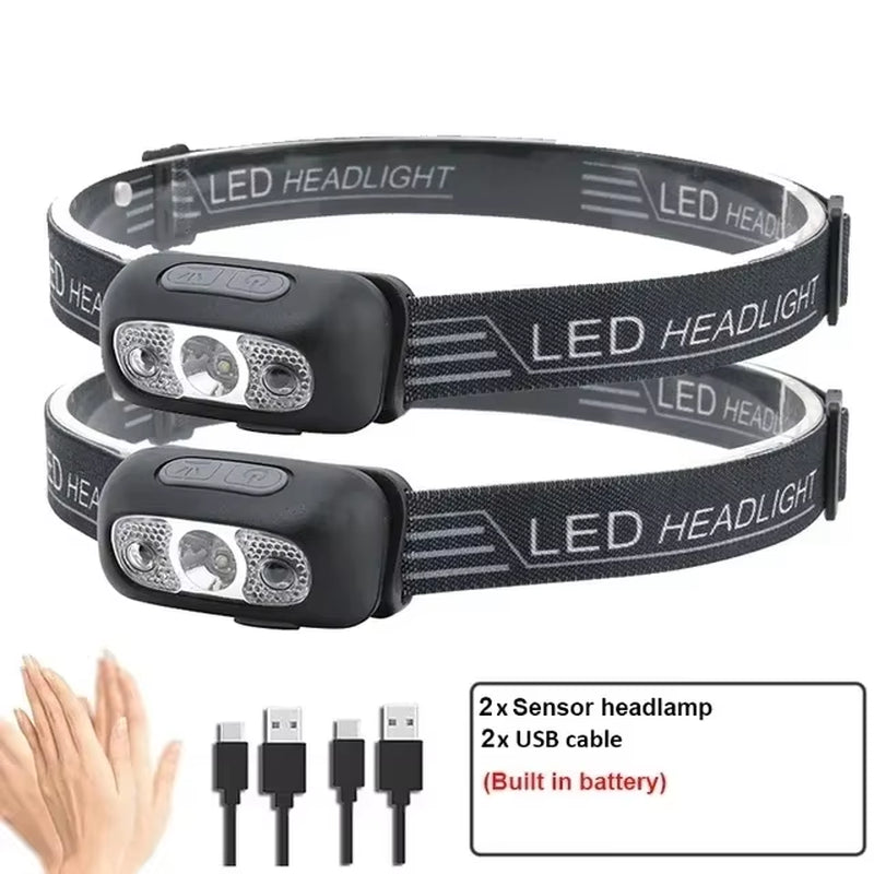Strong Light Headlamp Portable LED Sensor Headlamp USB Rechargeable Head Flashlight Outdoor Camping Fishing Emergency Lantern