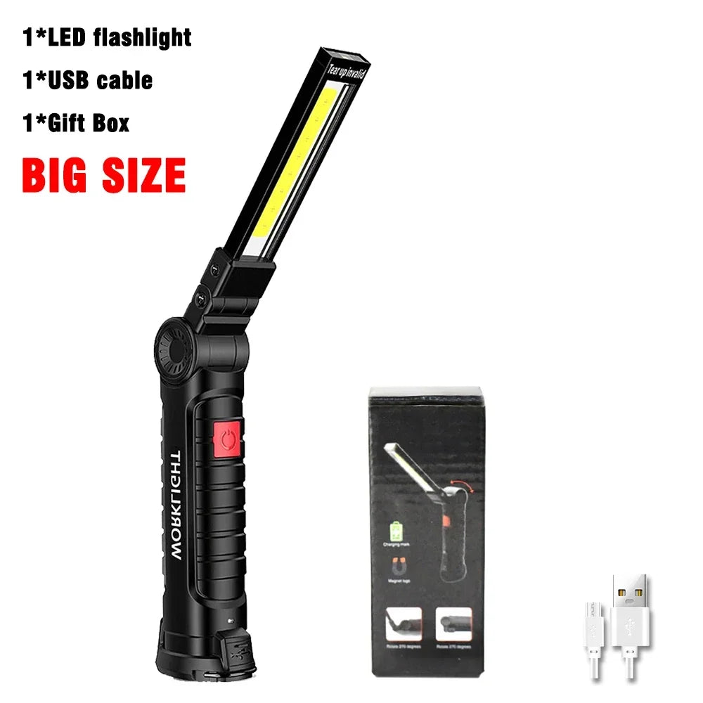 COB LED Folding Flashlight Portable Magnetic Work Light Lantern USB Rechargeable Emergency Repair Camping Torch Lamp with Hook