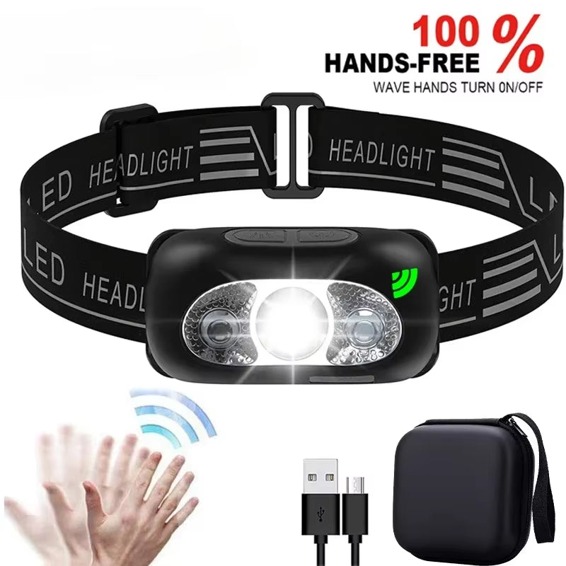 Strong Light Headlamp Portable LED Sensor Headlamp USB Rechargeable Head Flashlight Outdoor Camping Fishing Emergency Lantern