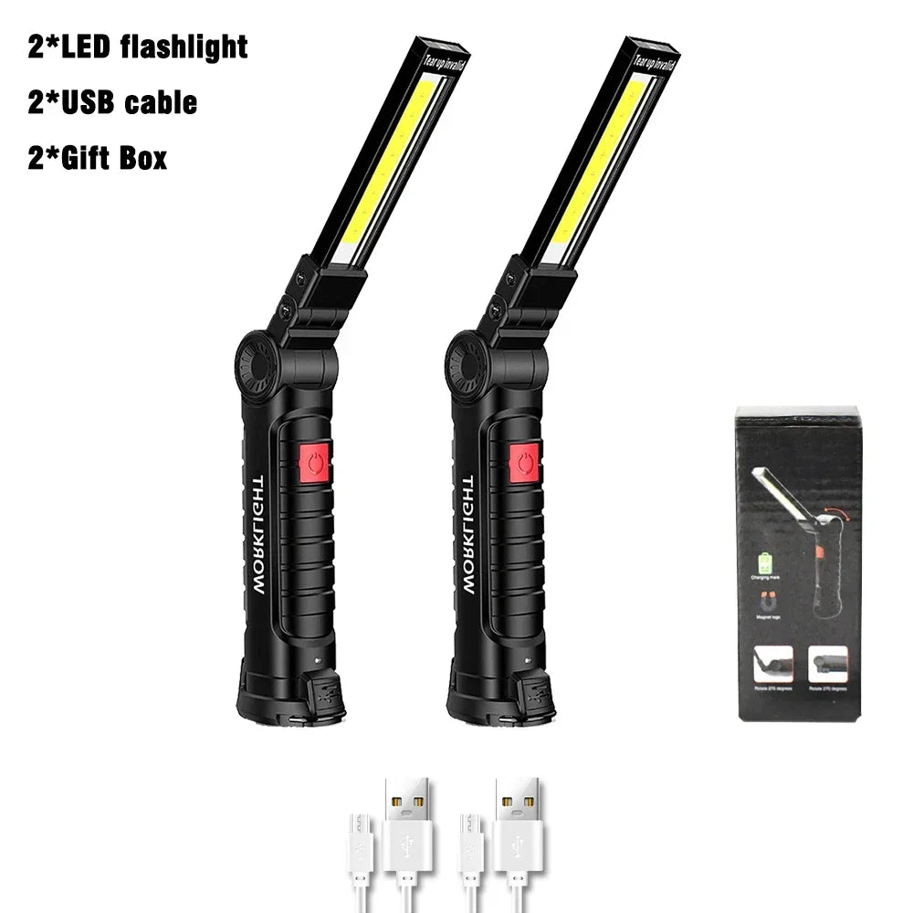 COB LED Folding Flashlight Portable Magnetic Work Light Lantern USB Rechargeable Emergency Repair Camping Torch Lamp with Hook