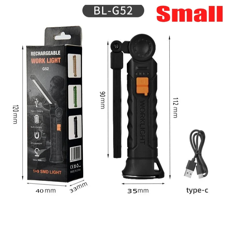 COB LED Folding Flashlight Portable Magnetic Work Light Lantern USB Rechargeable Emergency Repair Camping Torch Lamp with Hook