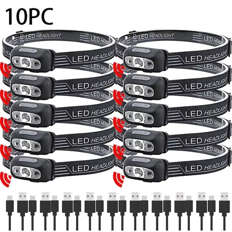 Strong Light Headlamp Portable LED Sensor Headlamp USB Rechargeable Head Flashlight Outdoor Camping Fishing Emergency Lantern