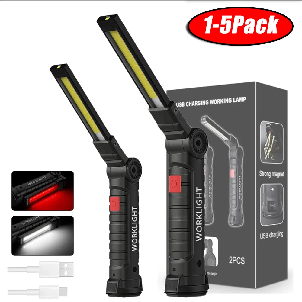 COB LED Folding Flashlight Portable Magnetic Work Light Lantern USB Rechargeable Emergency Repair Camping Torch Lamp with Hook