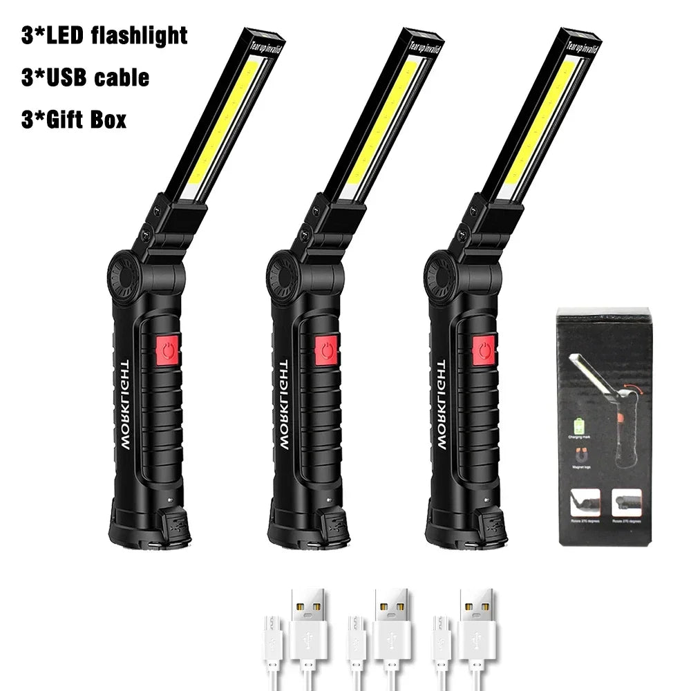 COB LED Folding Flashlight Portable Magnetic Work Light Lantern USB Rechargeable Emergency Repair Camping Torch Lamp with Hook