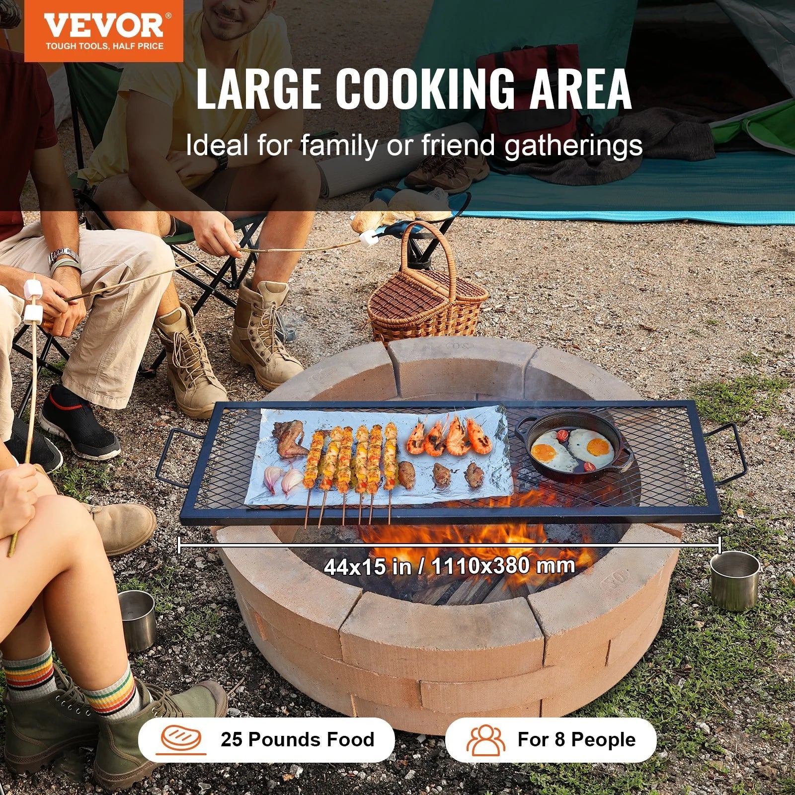 44 Inch Black Rectangle Cooking Grate, Heavy Duty Steel Campfire Bbq Grill Grid