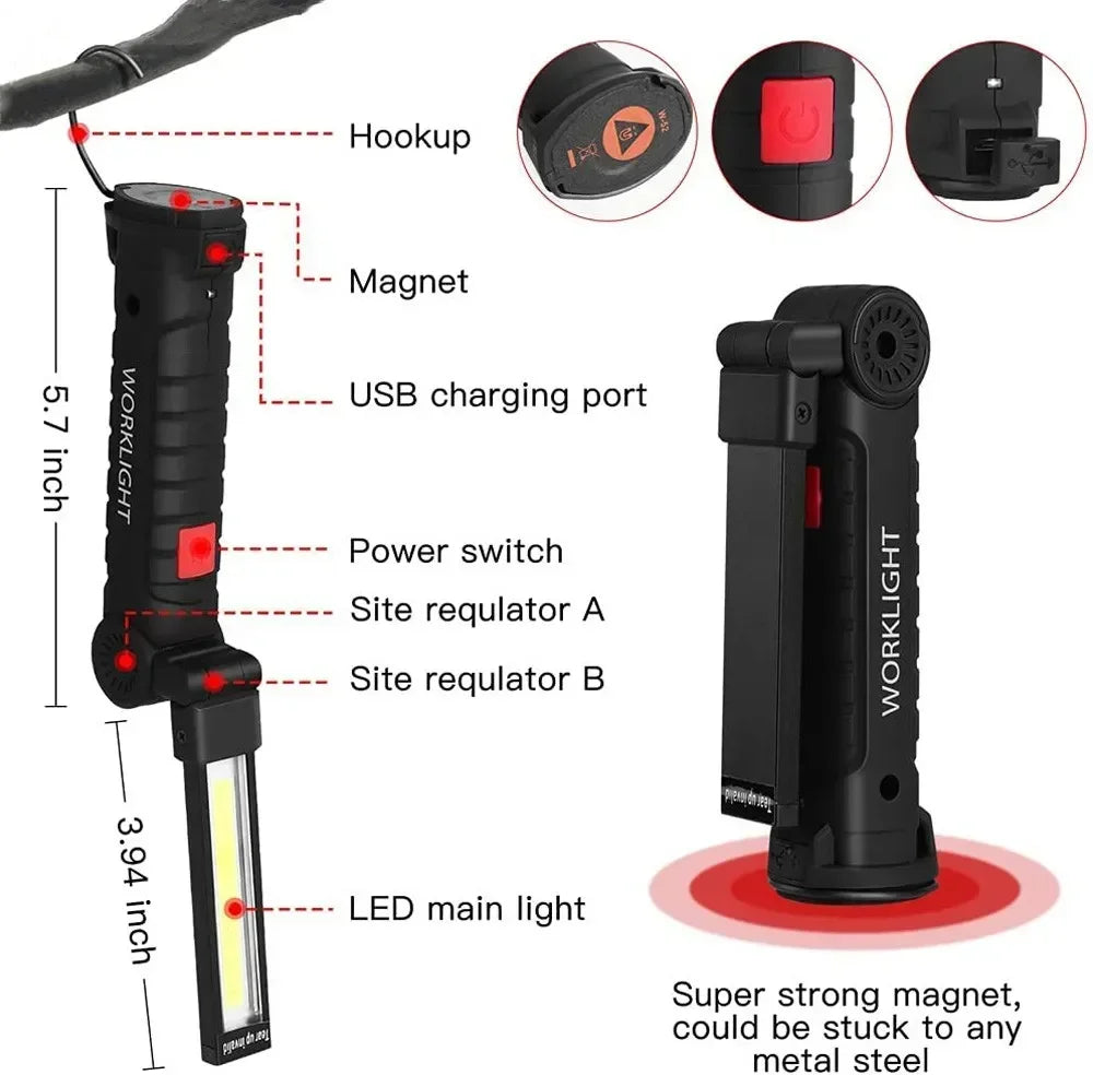 COB LED Folding Flashlight Portable Magnetic Work Light Lantern USB Rechargeable Emergency Repair Camping Torch Lamp with Hook