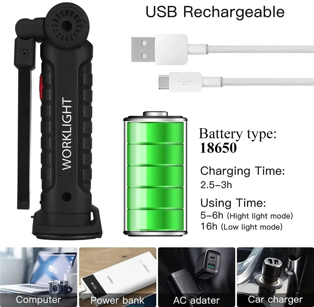 COB LED Folding Flashlight Portable Magnetic Work Light Lantern USB Rechargeable Emergency Repair Camping Torch Lamp with Hook