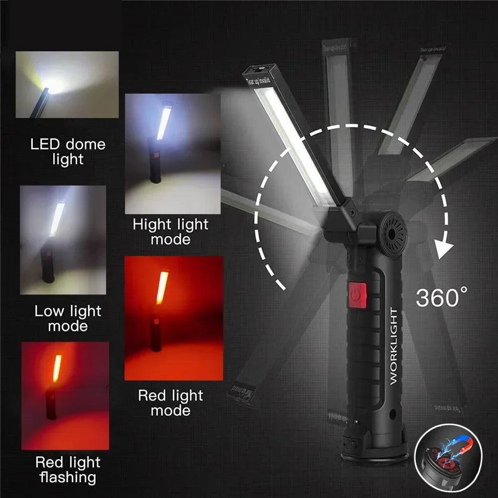 COB LED Folding Flashlight Portable Magnetic Work Light Lantern USB Rechargeable Emergency Repair Camping Torch Lamp with Hook
